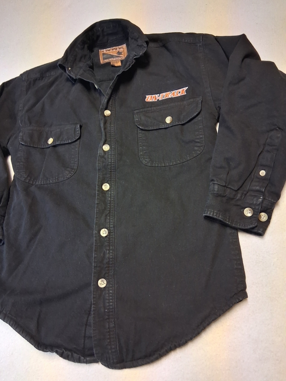 4/20$ ON-TRACK Black Button-Up Work Shirt Jacket With Warm Lining  withChestlogo - Picture 2 of 8